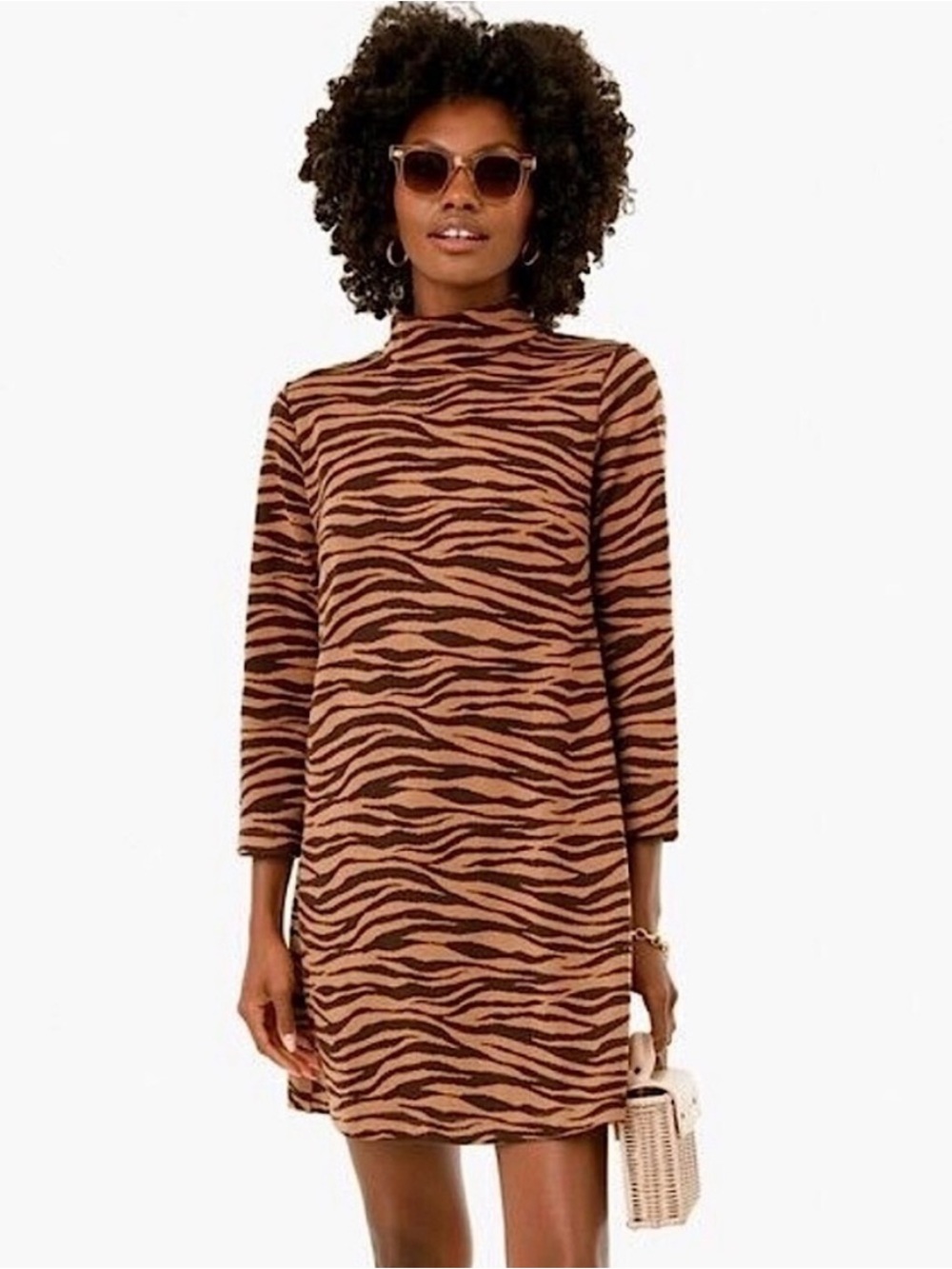Tuckernuck NWT Ellie Knit Dress Brown Tiger Print Mock Neck 3/4 Sleeves